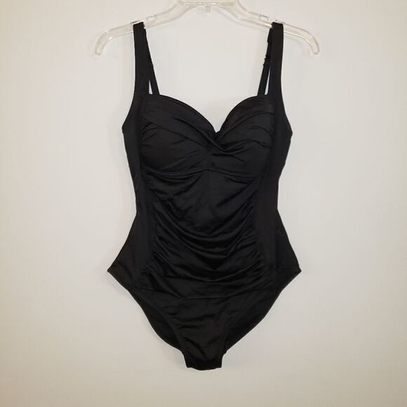 LIZ CLAIBORNE BLACK RUCHING ONE PIECE  BATHING SUIT SWIMSUIT SIZE 10 - Picture 1 of 5